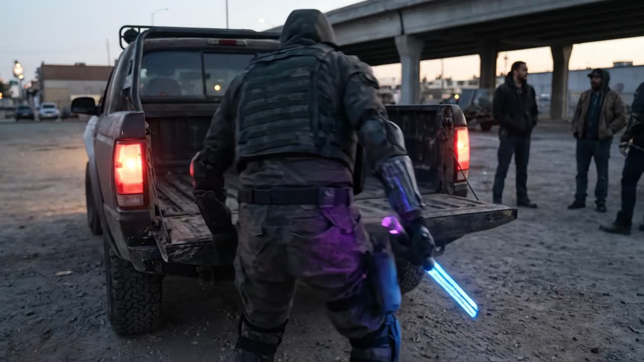 Hooded Figure with Glowing Weapon by Pickup Truck