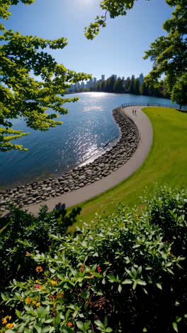 scenic park view with lake and city skyline