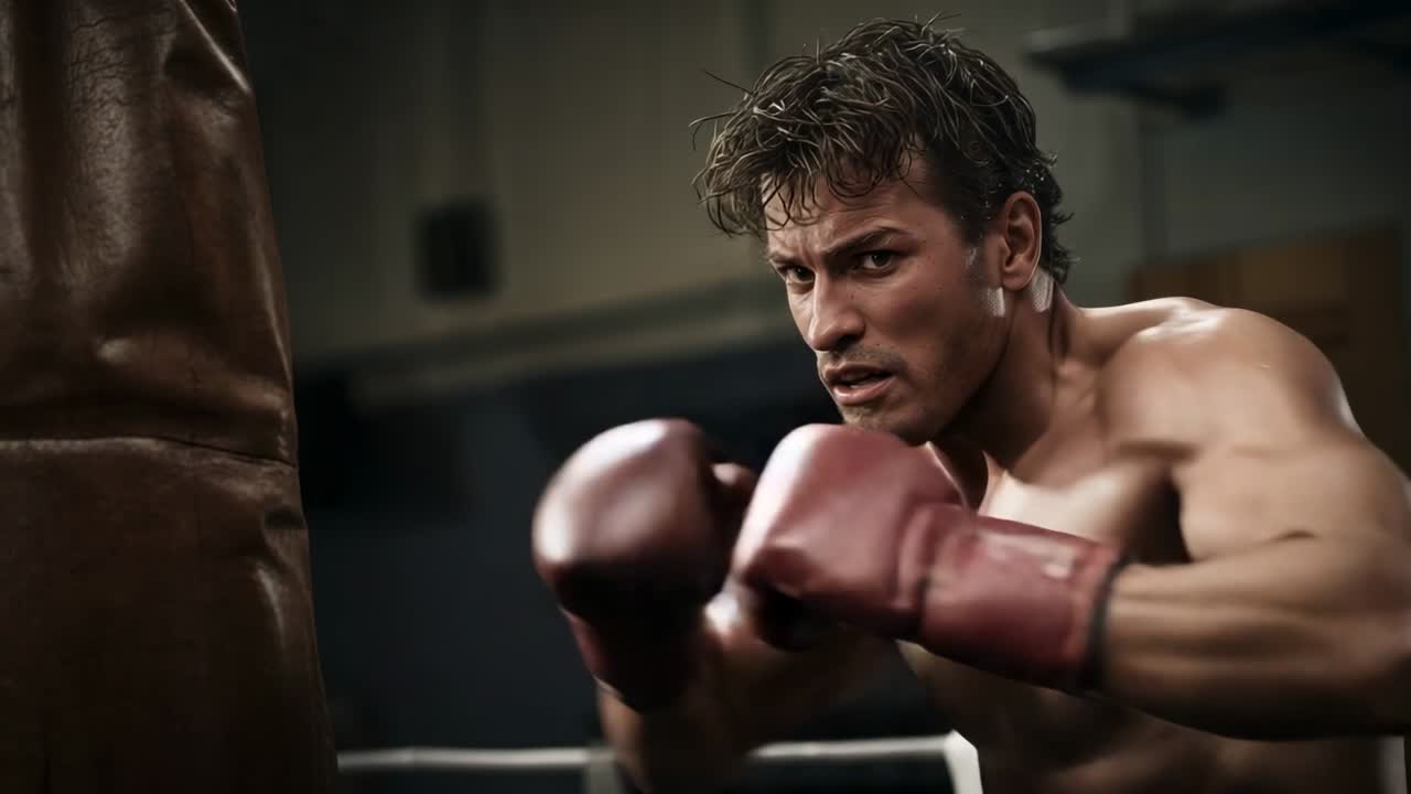 Squaring to bag, boxer rotating hips, punching with red gloves for training in ring, copy space