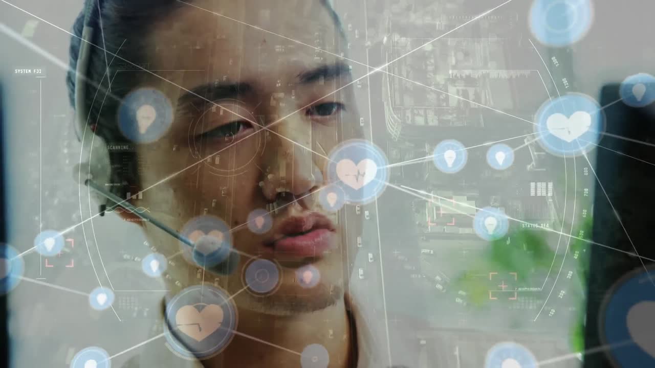 animación de conexiones con iconos sobre hombre de negocios usando auriculares de teléfono