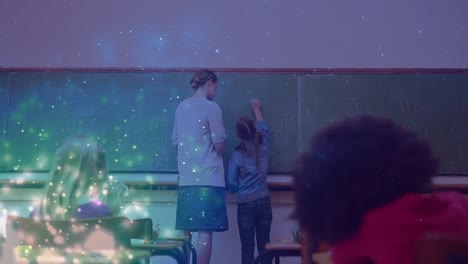 Animation-of-light-spots-over-caucasian-female-teacher-with-diverse-schoolchildren-in-classroom