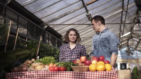 Porträt-Von-Schönen-Bauern,-Mann-Und-Frau,-Die-Schürzen-Und-Handschuhe-Anziehen,-Die-Bio-Lebensmittel-Auf-Dem-Bauernmarkt-Verkaufen