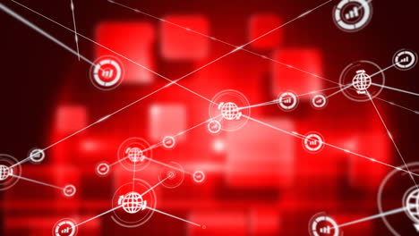 animación de una red de iconos digitales sobre formas cuadradas brillantes contra un fondo rojo.