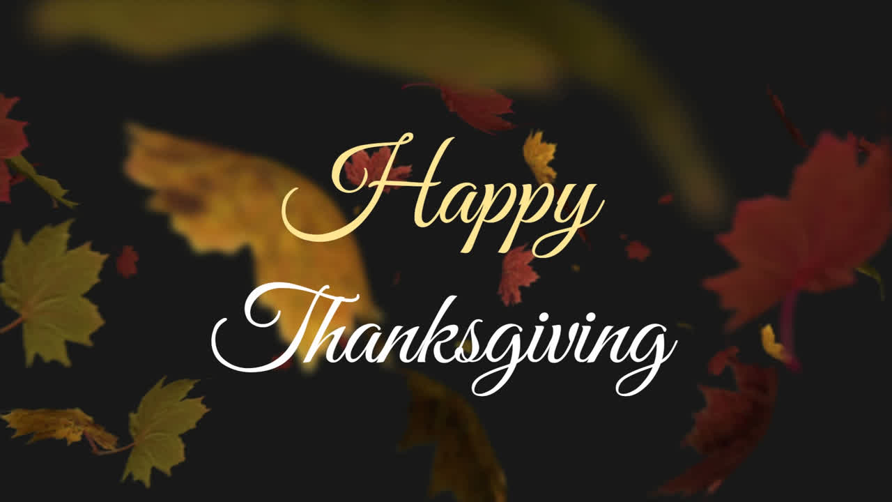 Testo "Happy Thanksgiving" su molteplici foglie d'acero che cadono su sfondo nero