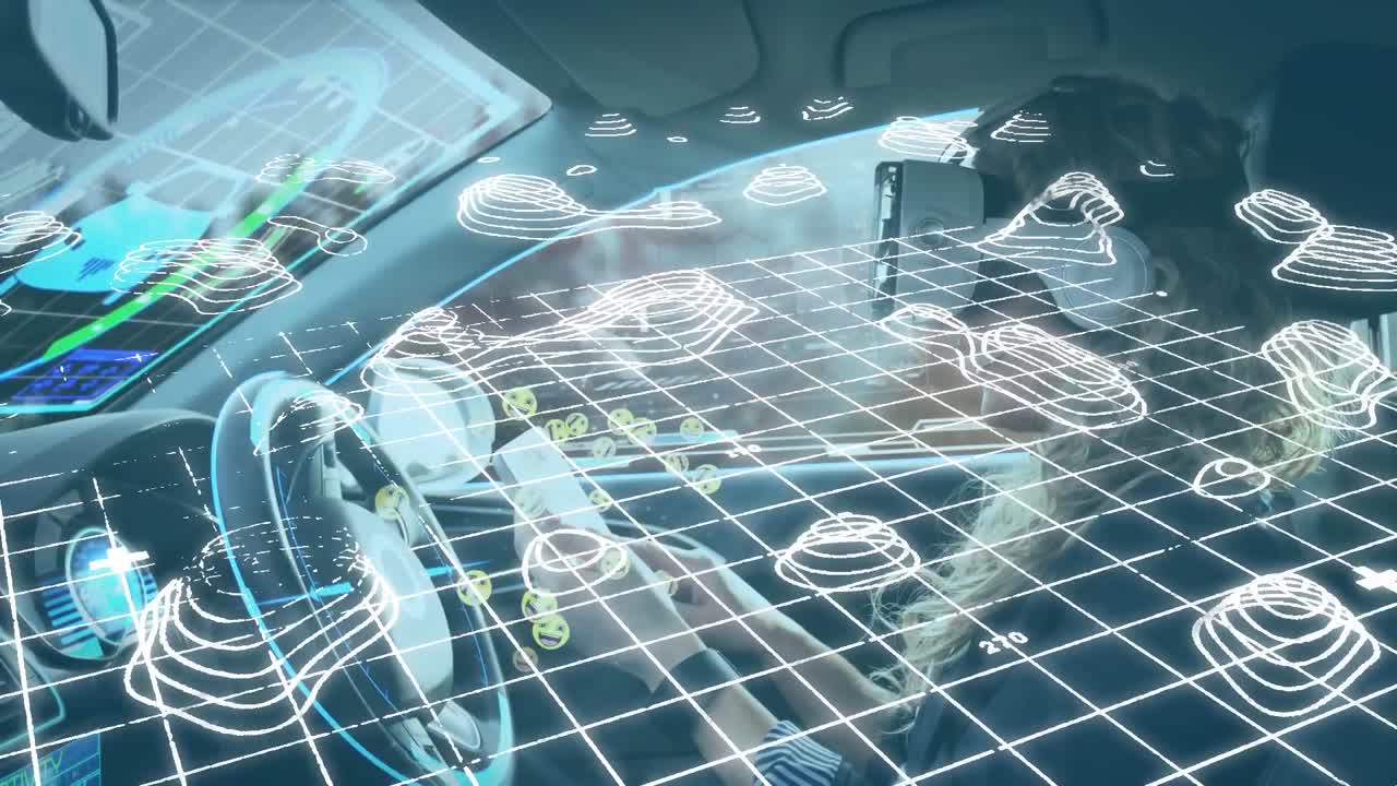 자율주행 자동차에서 스마트폰을 사용하여 vr 헤드 ⁇ 을 사용하는 여성과의 인터페이스 디스플레이의 애니메이션