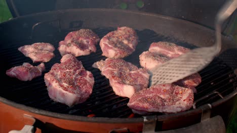 las chuletas de cerdo se movieron con una espátula en llamas en la parrilla de carbón