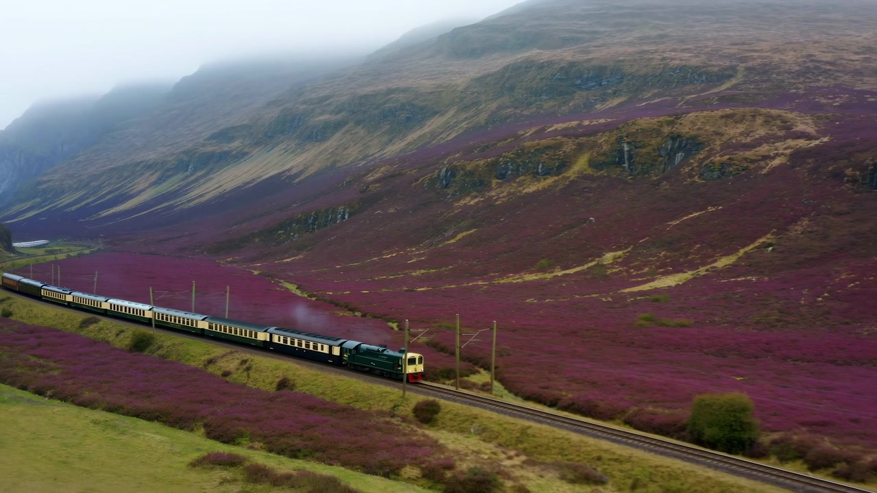Treno che attraversa una valle di erica viola, pendii montani nebbiosi, montagne avvolte nella foschia, carrozze passeggeri che scorrono.