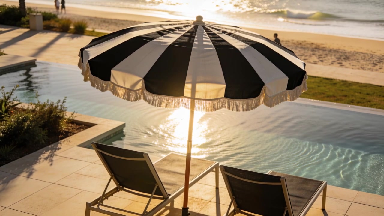 Ombrellone da spiaggia e sedie a bordo piscina, il sole che tramonta sulla piscina increspata, persone che passeggiano per svago.