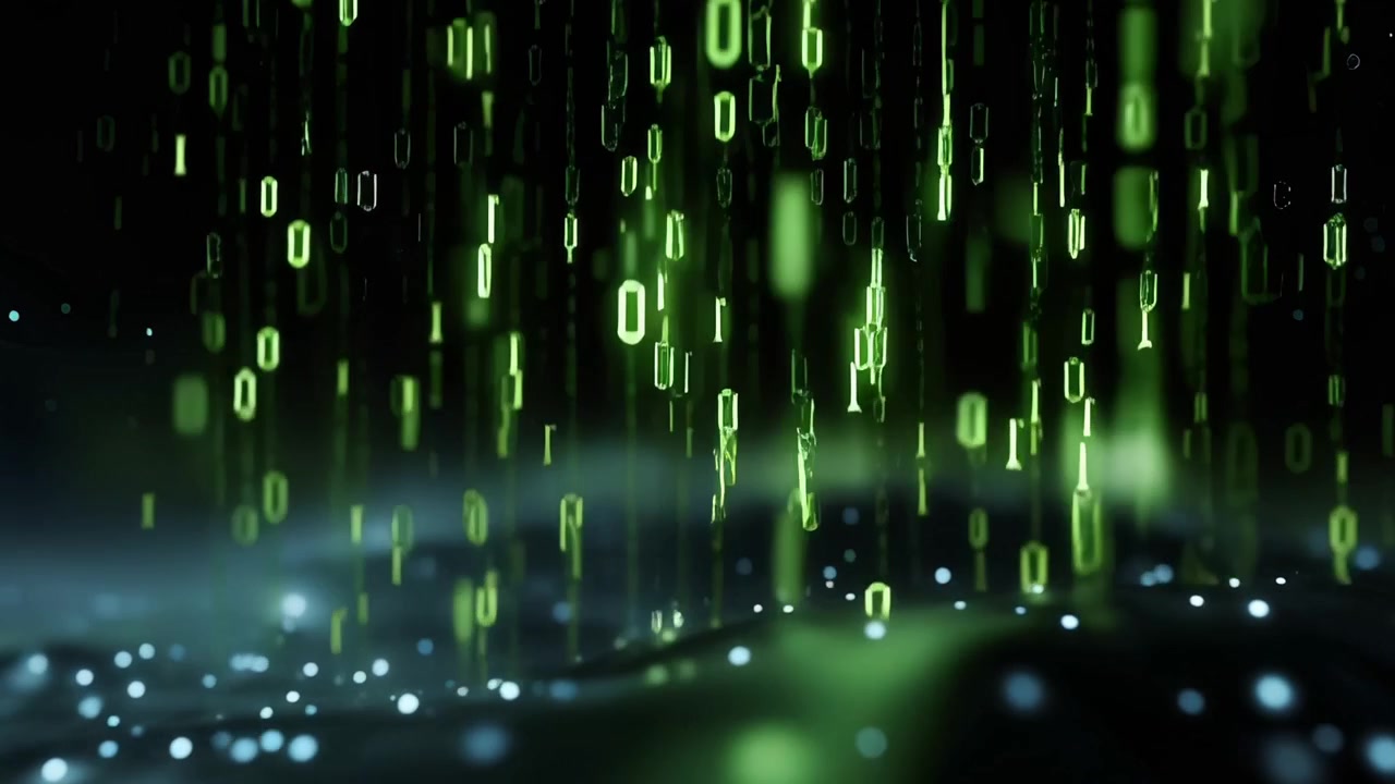 Falling Green Binary Code in a Digital Data Stream