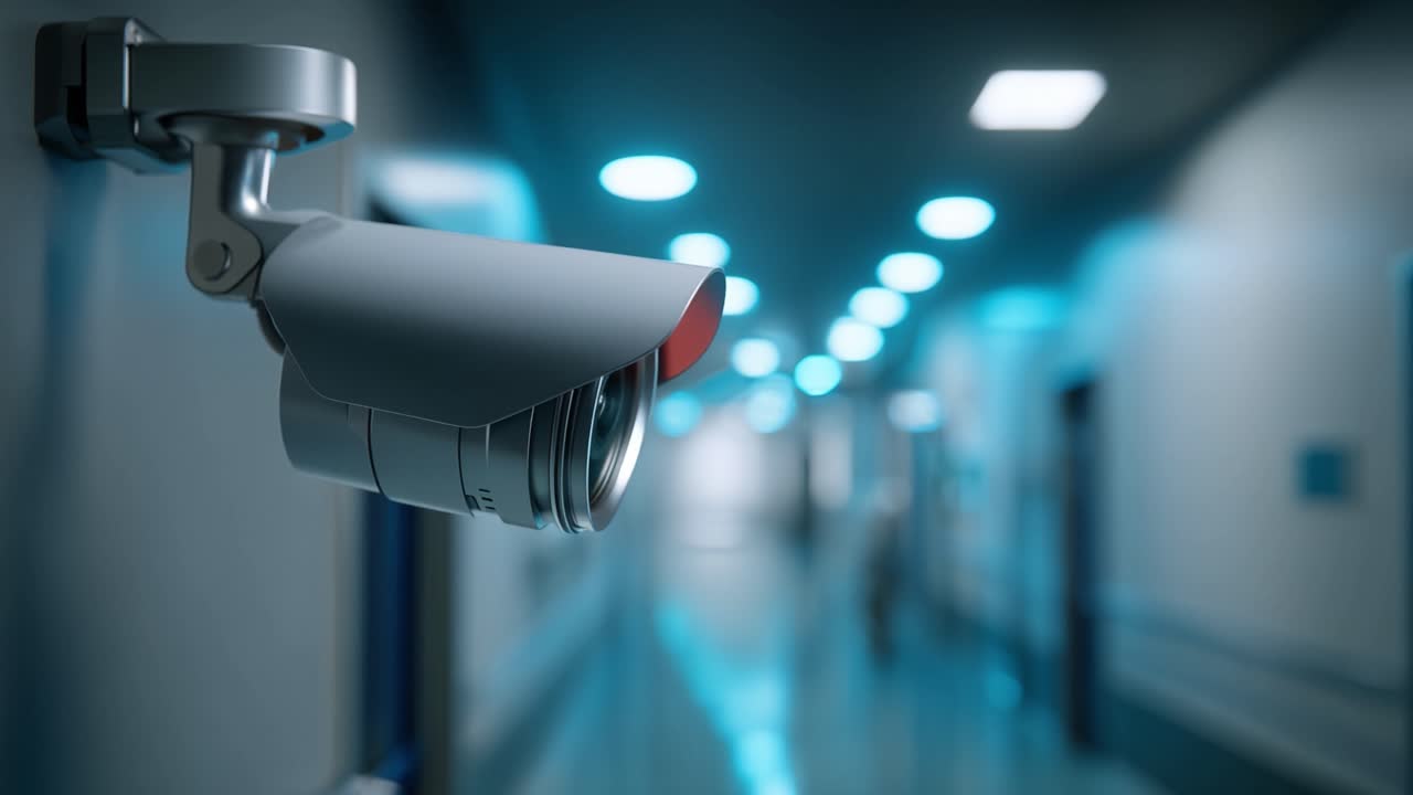 Security camera overlooks long, cool hallway. Flickering lights stretch into blurred distance. Panoramic view emphasizes surveillance presence. Ideal for security, tech, or safety concept visuals