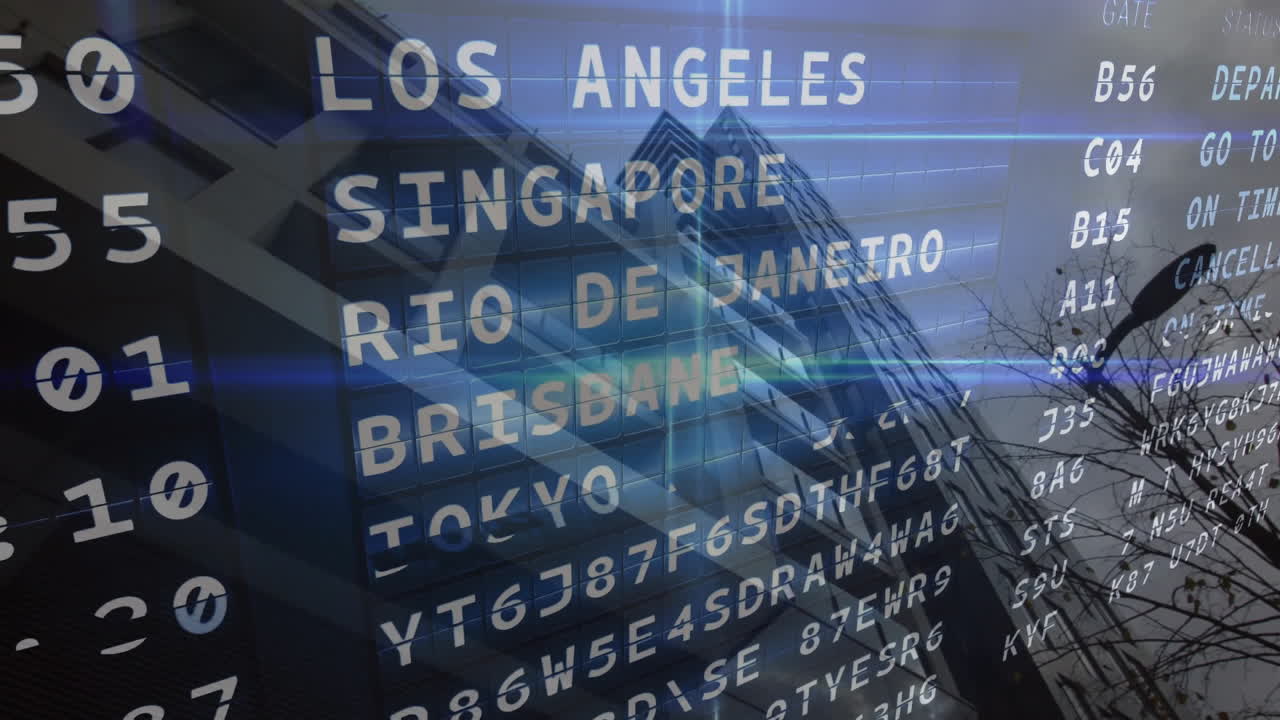 City names and alphanumeric codes animation over modern building background