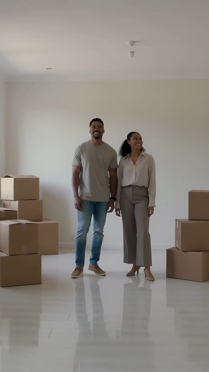 Vertical video: Noting left window light, pair checking new home, smiling in casual wear near boxes
