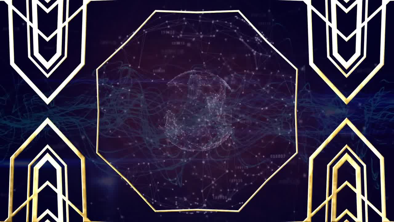 검은색 배경에 연결 네트워크와 함께 전 세계를 이동하는 금색 패턴의 애니메이션