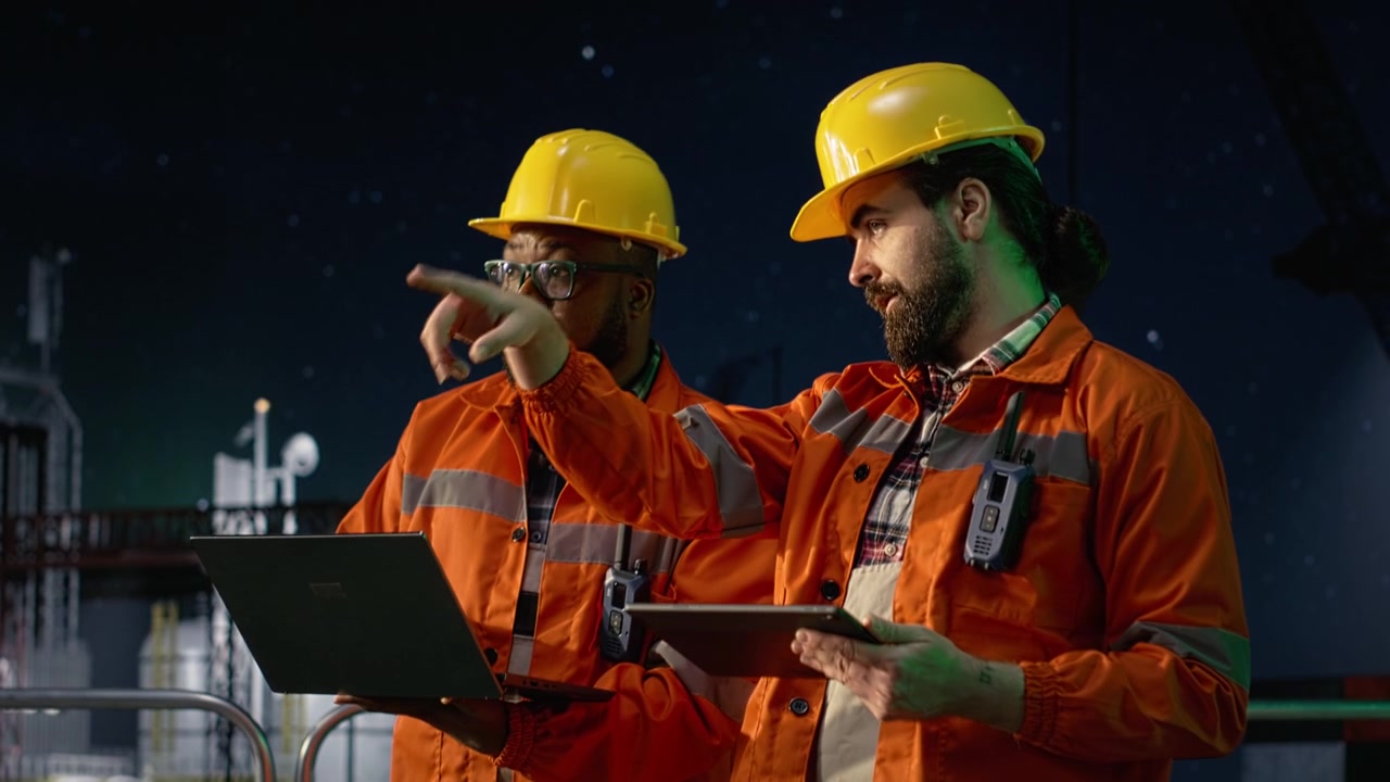 Monitoring ship resources, oil crisis and cheerful offshore rig crew members