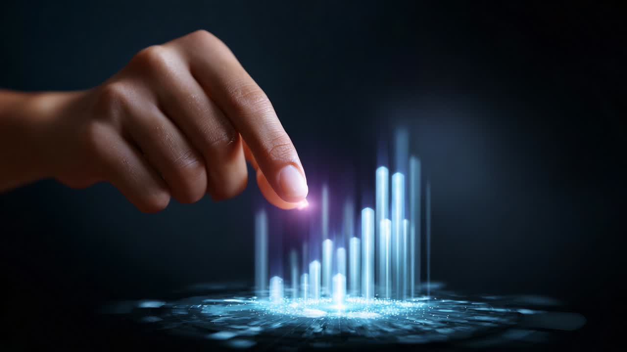 The Power of Data: A Hand Interfaces with Rising Digital Metrics, Illustrating a Surge in Technological Growth and Innovation Through Graphical Visualizations and Futuristic Aesthetics