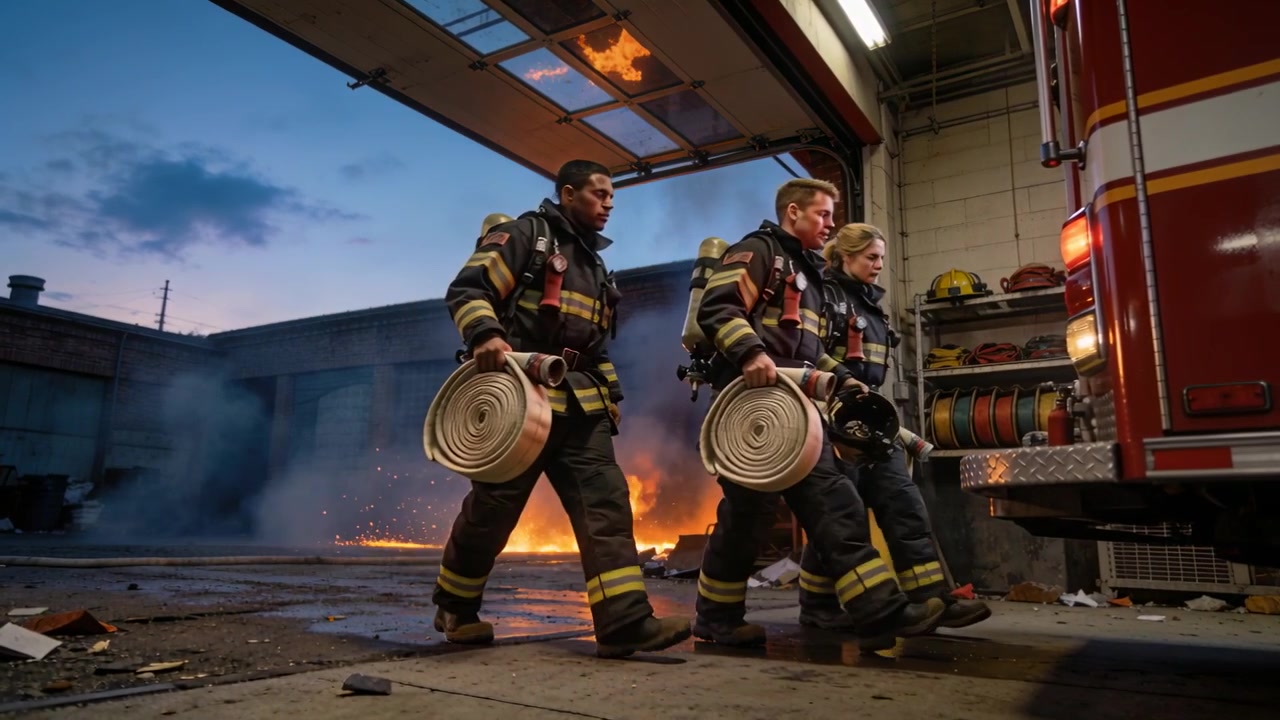 Walking three firefighters in turnout carrying hose rolls toward fire engine bay