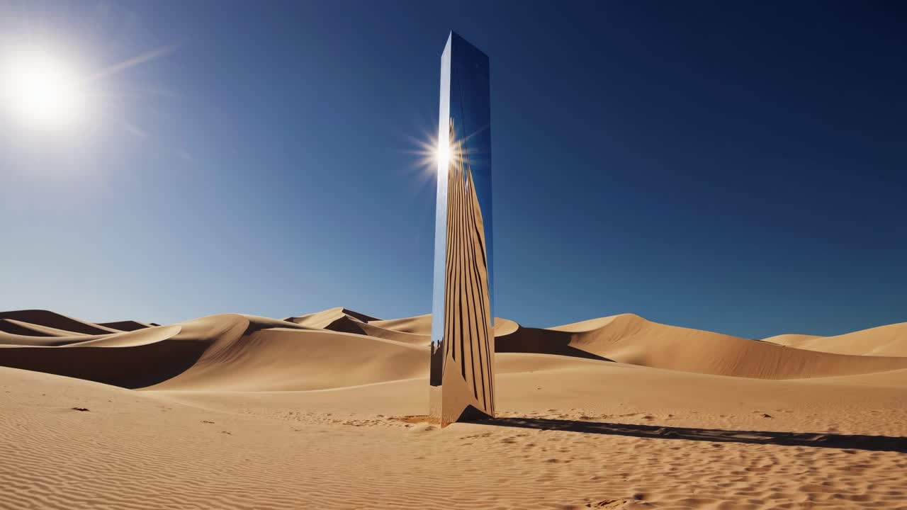 Un monolito futuristico si erge in un vasto deserto sotto un cielo azzurro e limpido