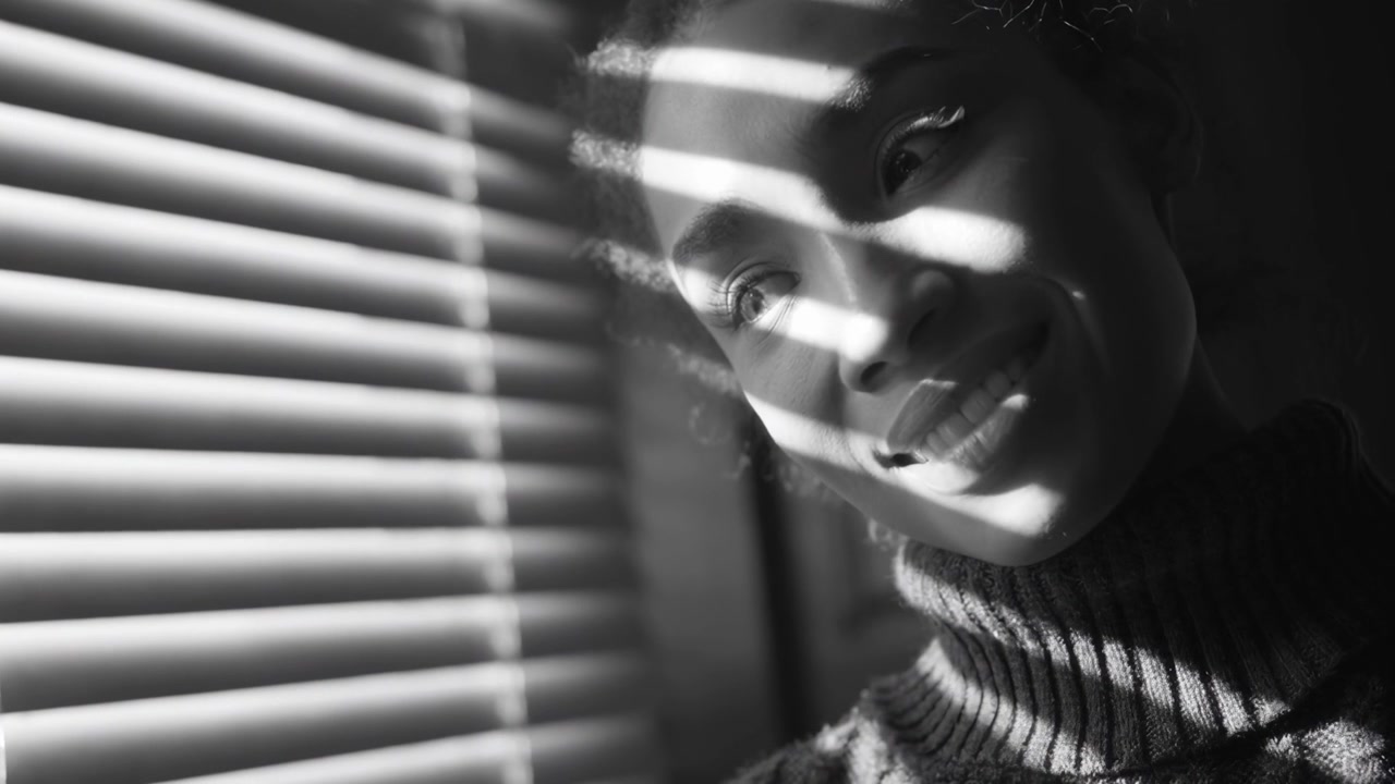 Black and White Portrait of a Serene Woman with Blinds Shadows