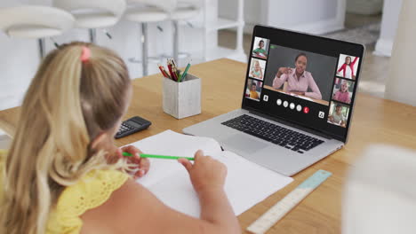 caucasian girl having a video conference with teacher and classmates on laptop at home