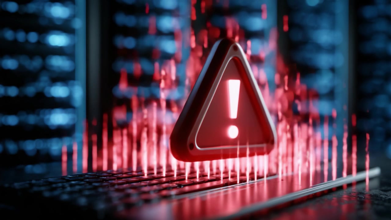A striking visual depiction of a warning symbol illuminated in red, surrounded by digital data streams on a keyboard, highlighting a critical cybersecurity alert and potential threat.