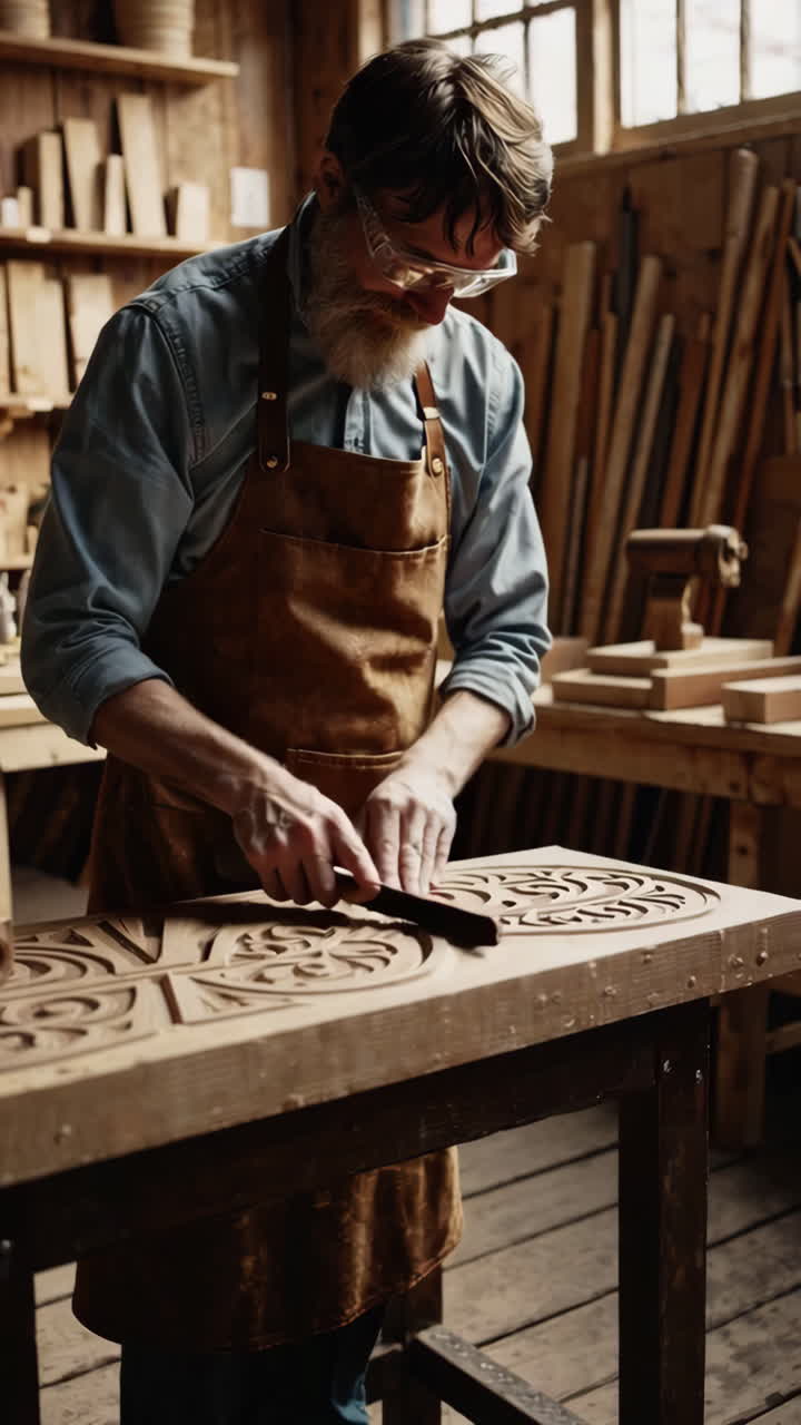 Woodcarver at Work in a Workshop