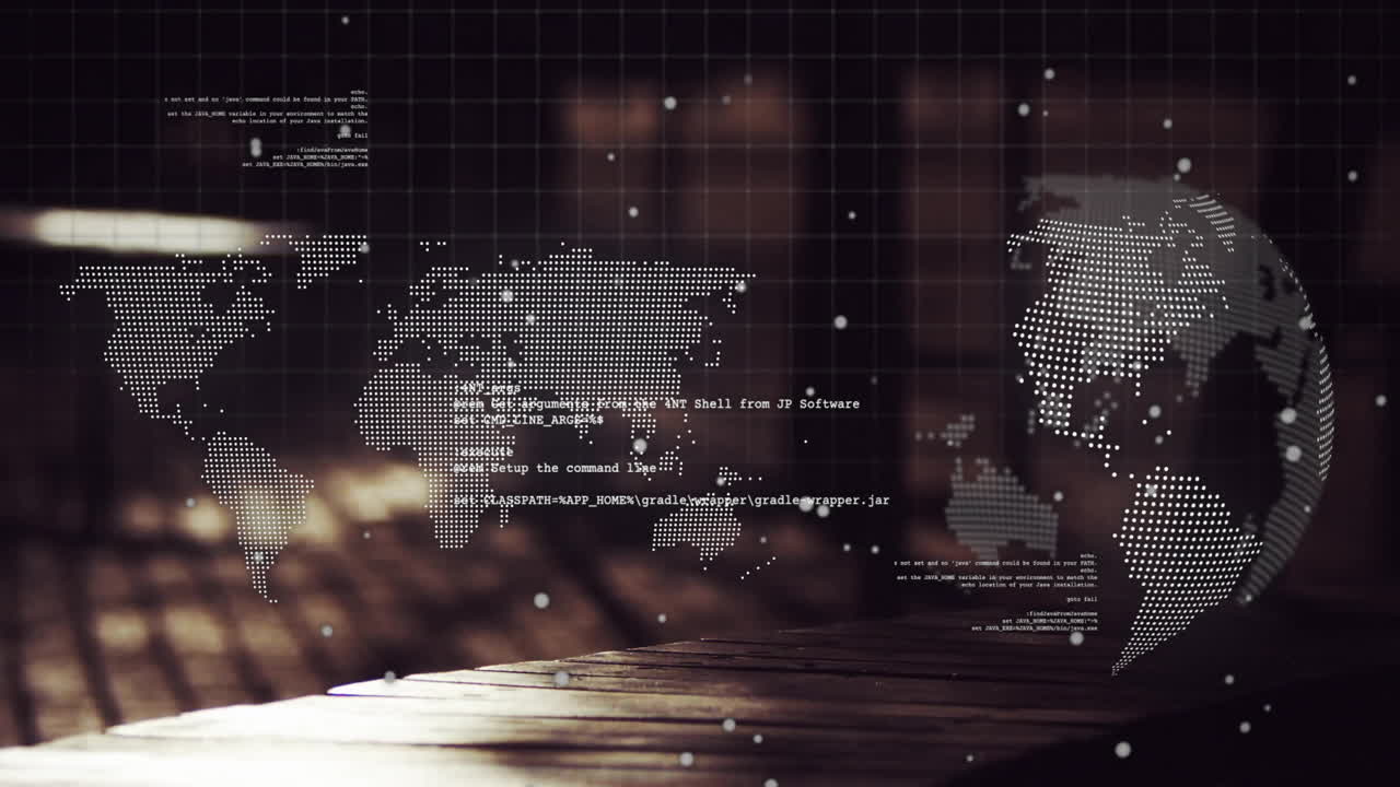 World map and data points animation over wooden surface background