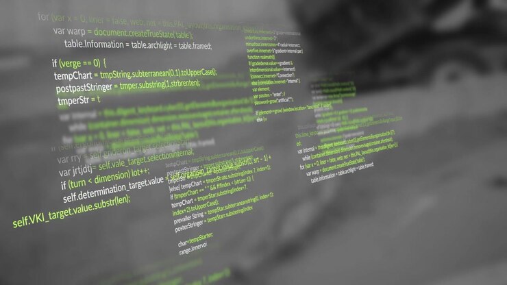 Geanimeerde JavaScript codeblokken zweven boven een wazige hardware achtergrond, met groen-witte syntaxis.