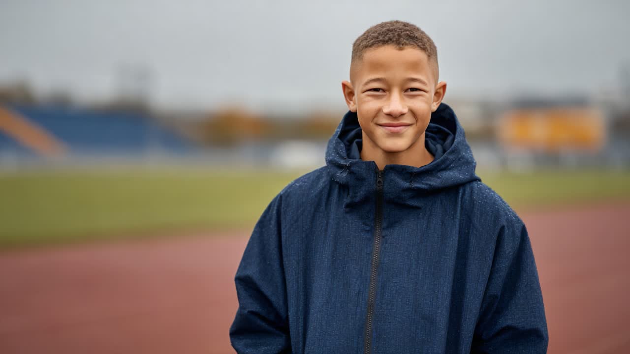 Uma Jovem Atleta Sorrindo Confiantemente em um Dia Chuvoso na Pista de Atletismo, Pronta para Competir e Abraçar o Espírito de Esportividade e Trabalho em Equipe