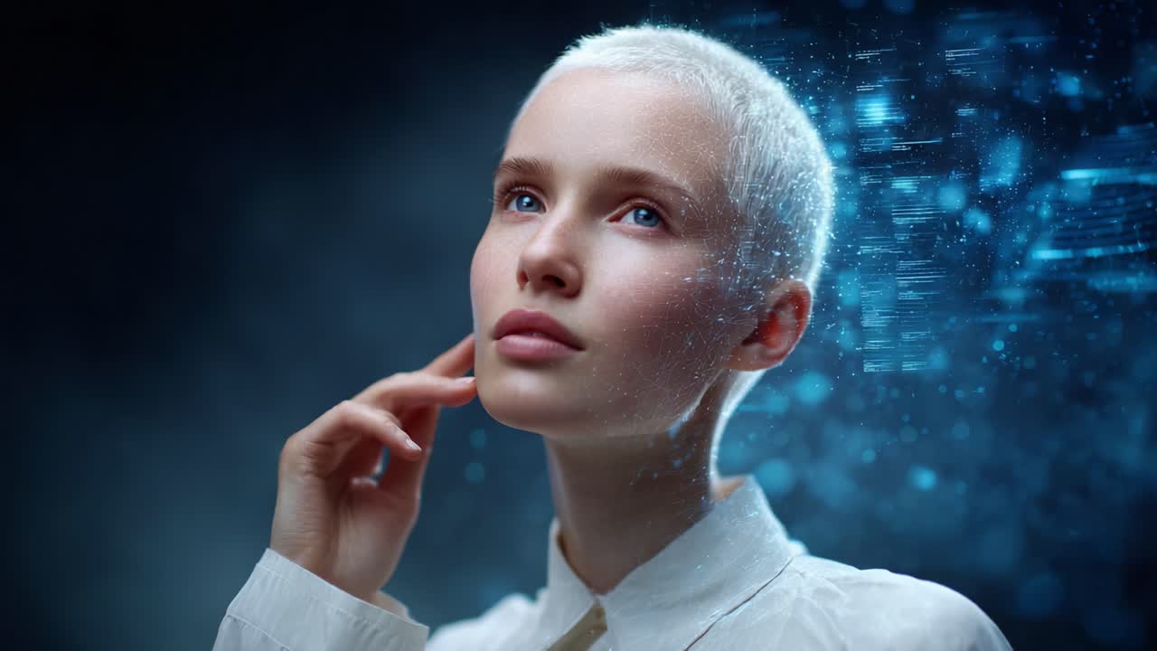 En slående transformation, der visualiserer udviklingen af digital bevidsthed gennem en fredfyldt skikkelse, og som viser samspillet mellem menneskehed og teknologi i en futuristisk kontekst.