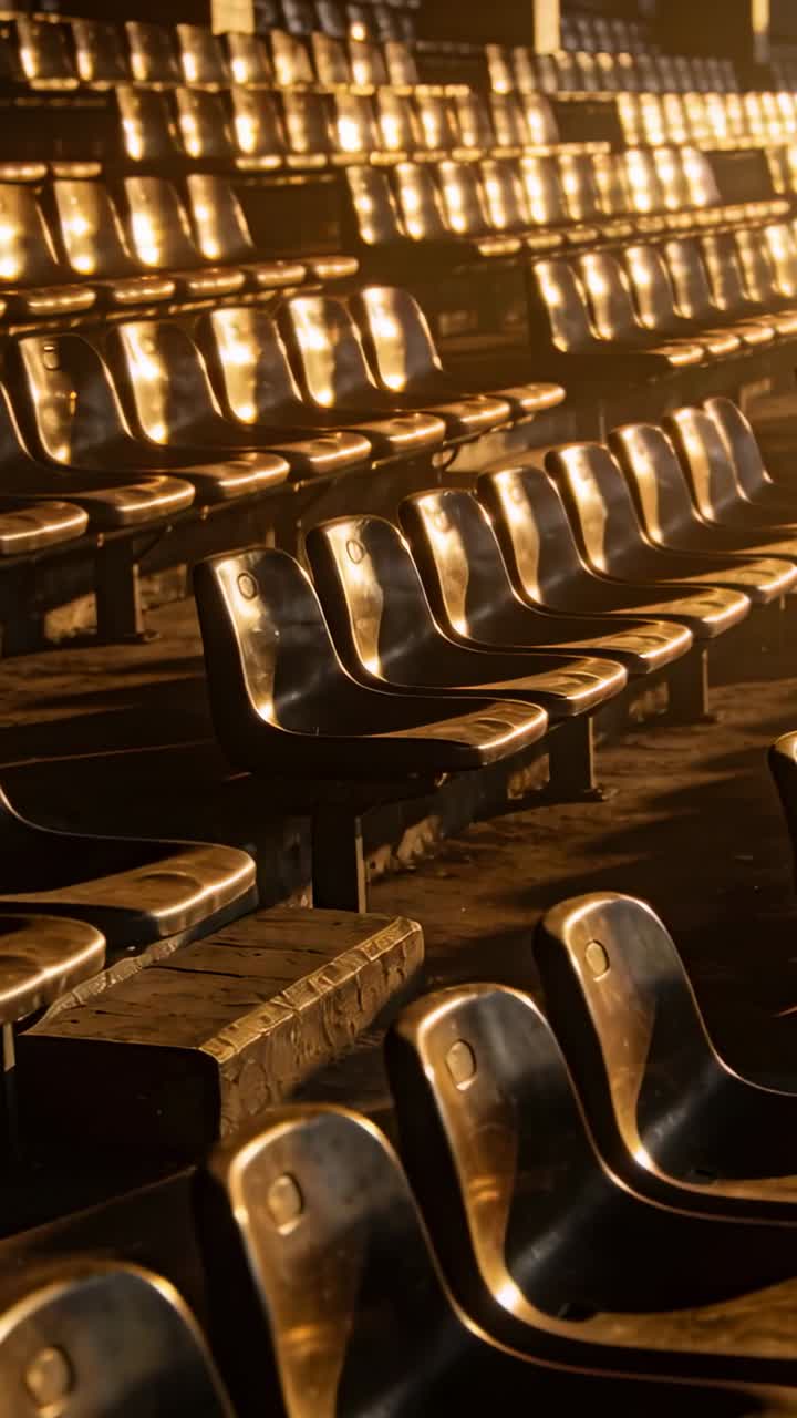 Video verticale: Telecamera a panoramica che riprende sedili di plastica in una tribuna a gradoni, mostrando un luccichio dorato.
