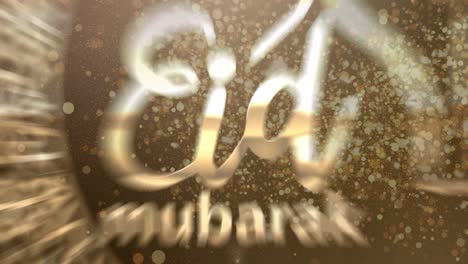 animazione del testo eid mubarak con moschea e mezzaluna in oro, con luci galleggianti su nero
