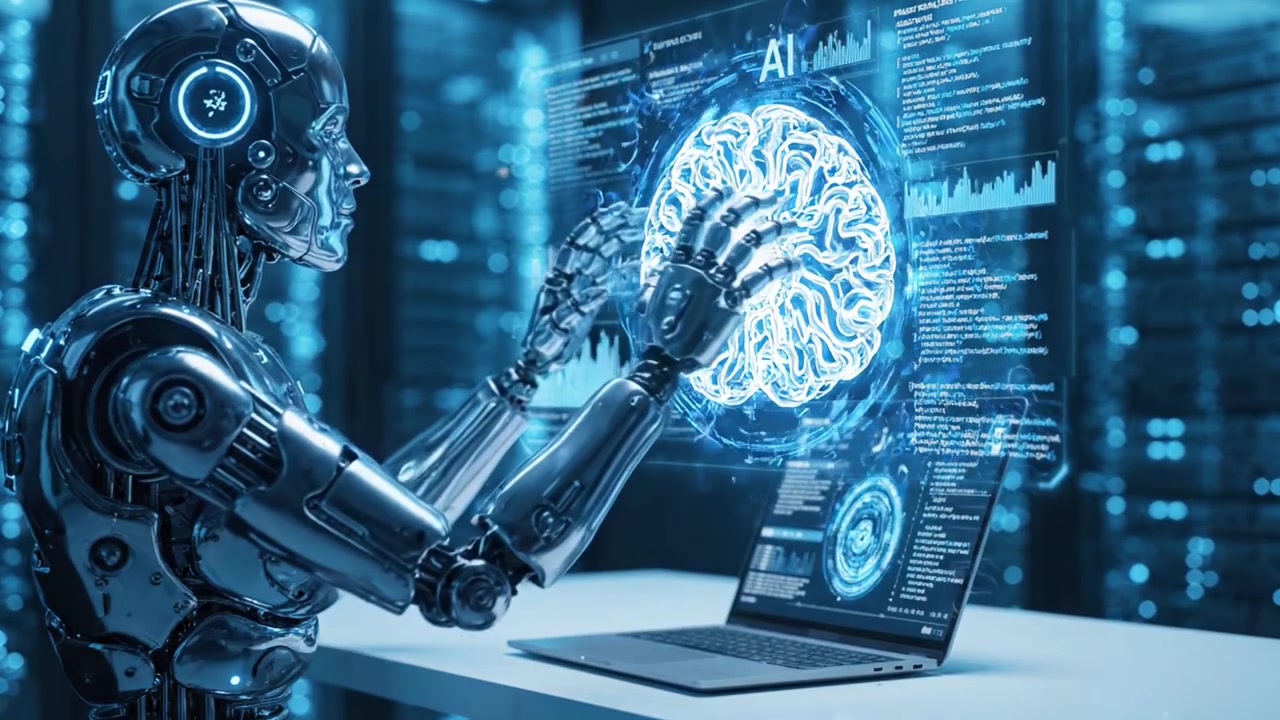 Advanced Robot Engaged in Data Analysis in a High-Tech Environment Surrounded by Sleek Servers, Showcasing Artificial Intelligence Capabilities and Innovative Technology