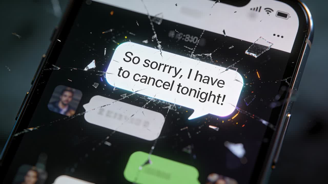 Focusing camera on cracked smartphone screen, showing incoming cancellation message on dark table
