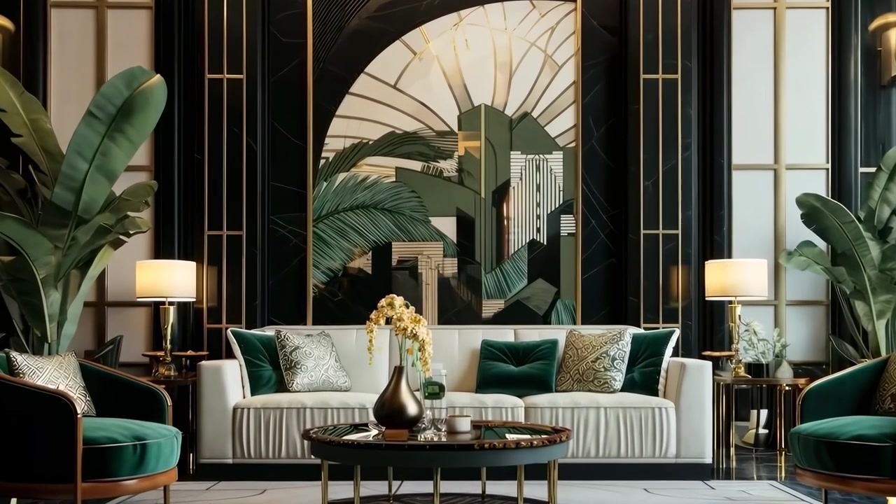 Luxurious Modern Living Room Interior with Art Deco Accents