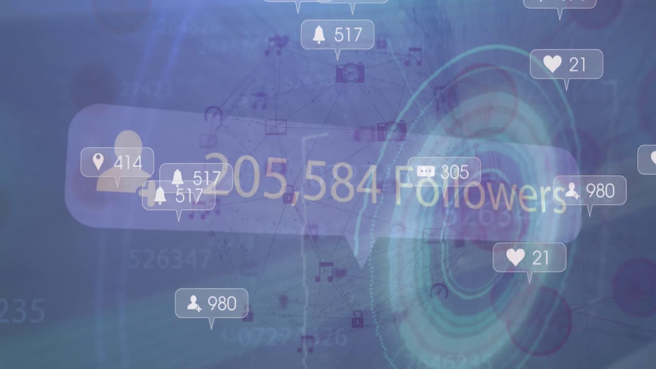 Animation of social media notifications over data processing and interference on blue background