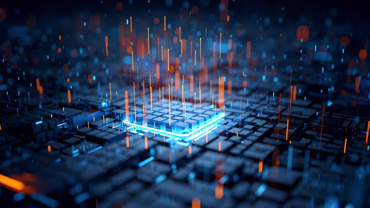 A mesmerizing view of a digital circuit board, showcasing vibrant light patterns and an intricate arrangement of geometric structures representing advanced technology and data processing