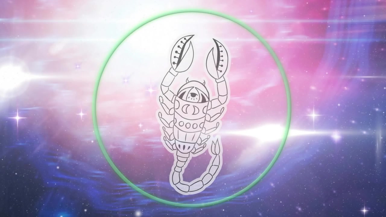 Animation: Neonkreis und Skorpion vor kosmischem Hintergrund.