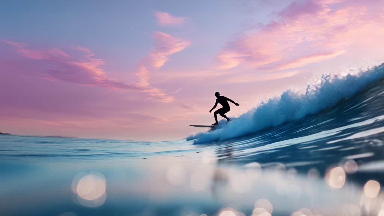 Una serena esperienza di surf all'alba con cieli colorati e onde delicate: cattura la libertà e l'emozione di cavalcare le onde in un tranquillo paesaggio marino