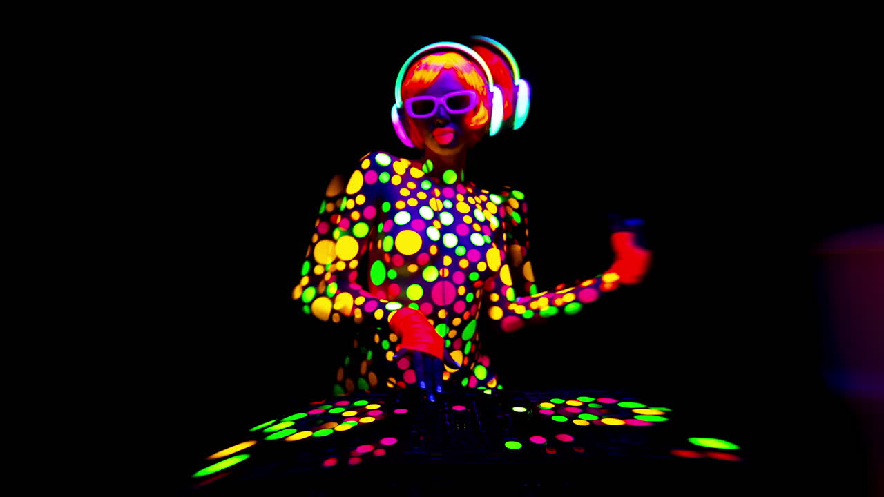 dj disco femminile coperto di macchie fluorescenti