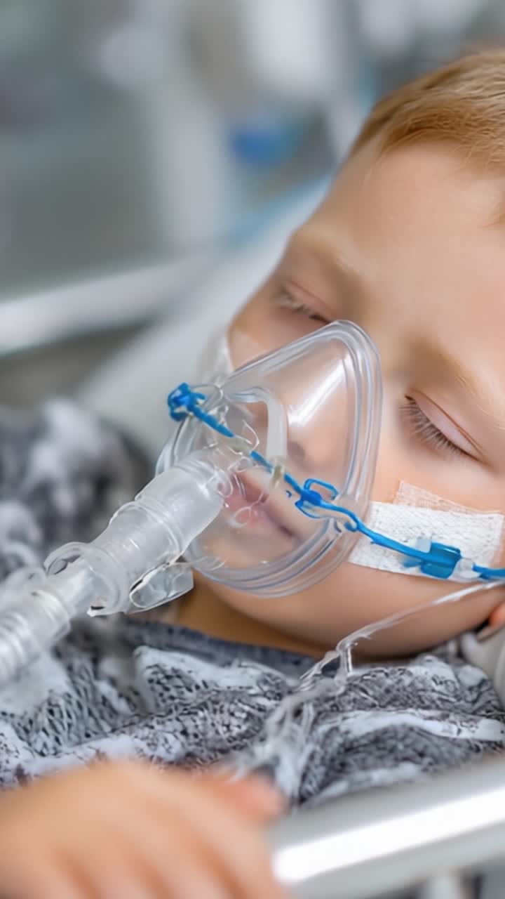 Un bambino sottoposto a trattamento medico con supporto di ossigeno in un ambiente ospedaliero, che sottolinea l'importanza della cura e del recupero nella salute pediatrica.