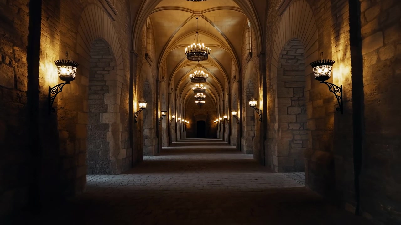 Vista a livello del suolo lungo un lungo corridoio in pietra a volta incorniciato da colonne simmetriche e archi che si ripetono, illuminato da applique a parete calde e ornate