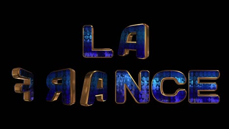 - francia inscripción 3d. letras animadas doradas con ornamento real nacional en vivo. nombre del país en nativo e inglés. bucle. canal alfa.