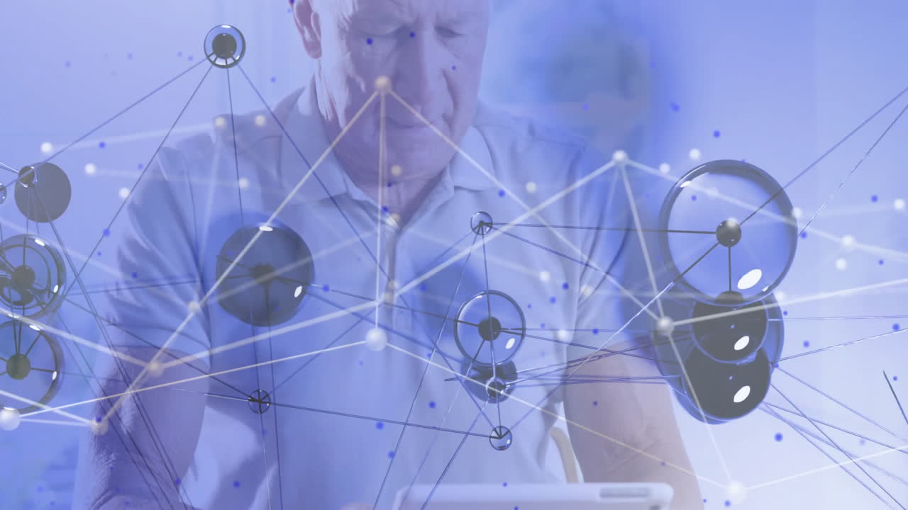 Senior man tapping tablet, exploring technology network nodes and data lines for business growth