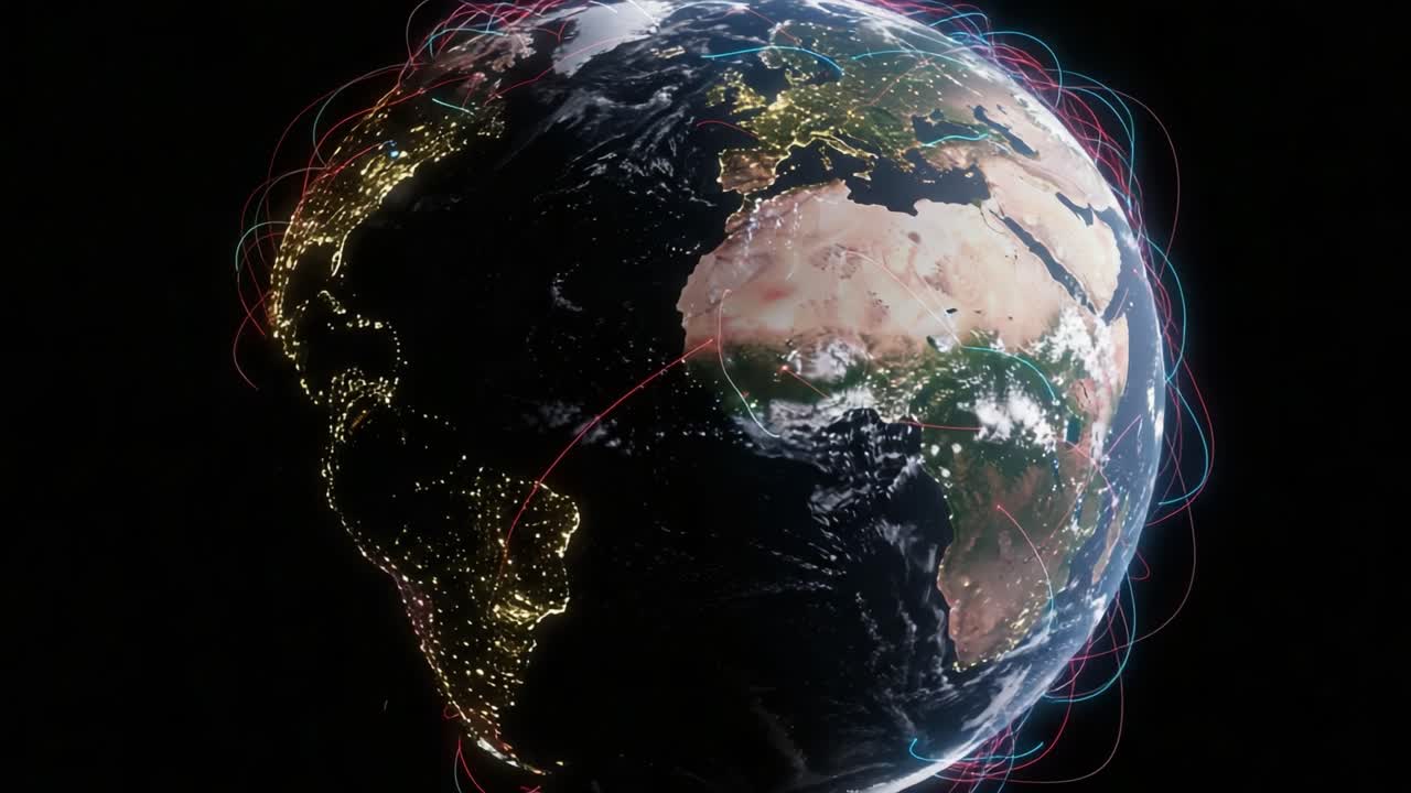 A Stunning Visualization of Earth from Space Highlighting Global Connectivity Through Illuminated Cities and Flowing Data Pathways Against a Dark Background