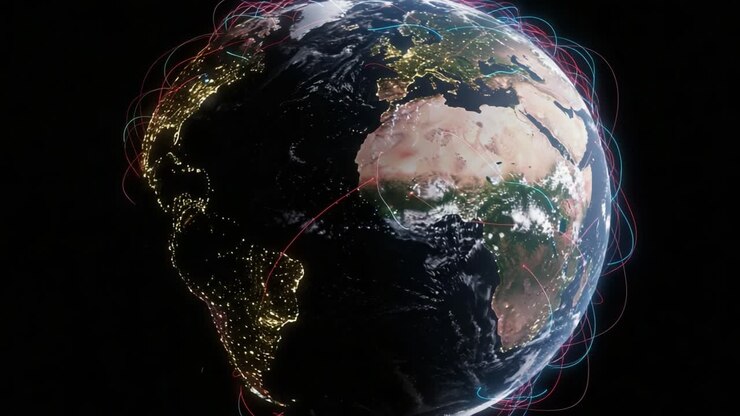 Una straordinaria visualizzazione della Terra dallo spazio che evidenzia la connettività globale attraverso città illuminate e flussi di dati su uno sfondo scuro.