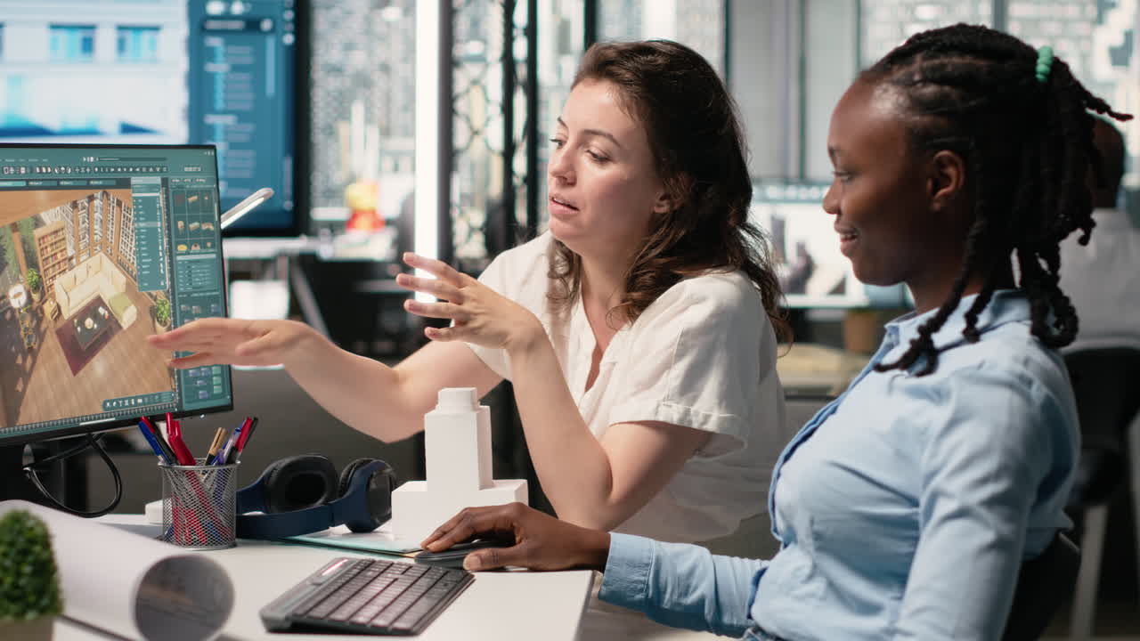 Two women collaborating on a 3D design project in the office