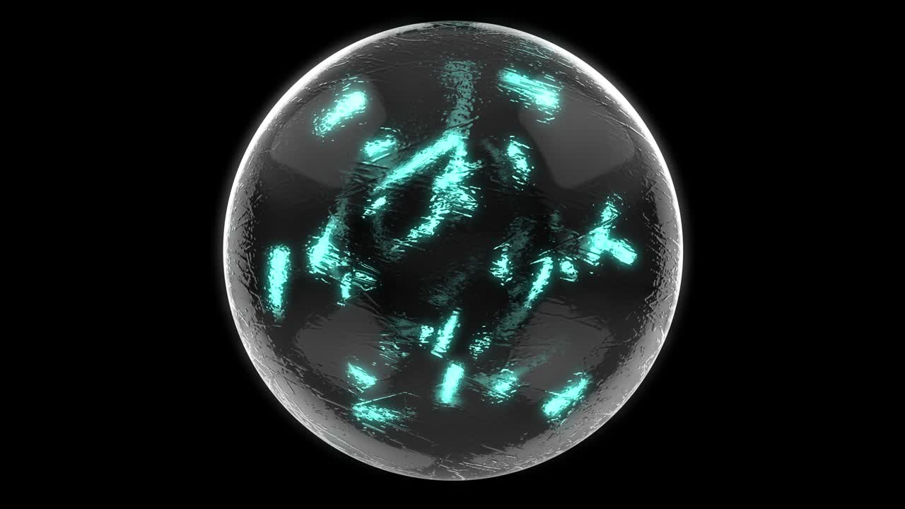 animación 3d de vidrio de esfera futurista. luces de neón moviéndose dentro de la pelota. patrón sin costuras con canal alfa.