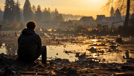 reflection on loss at sunset by a devastated riverbank