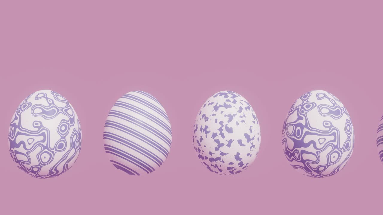 Easter eggs with abstract violet patterns on a pink background. 3D render holiday concept animation. Seamless loop Easter background