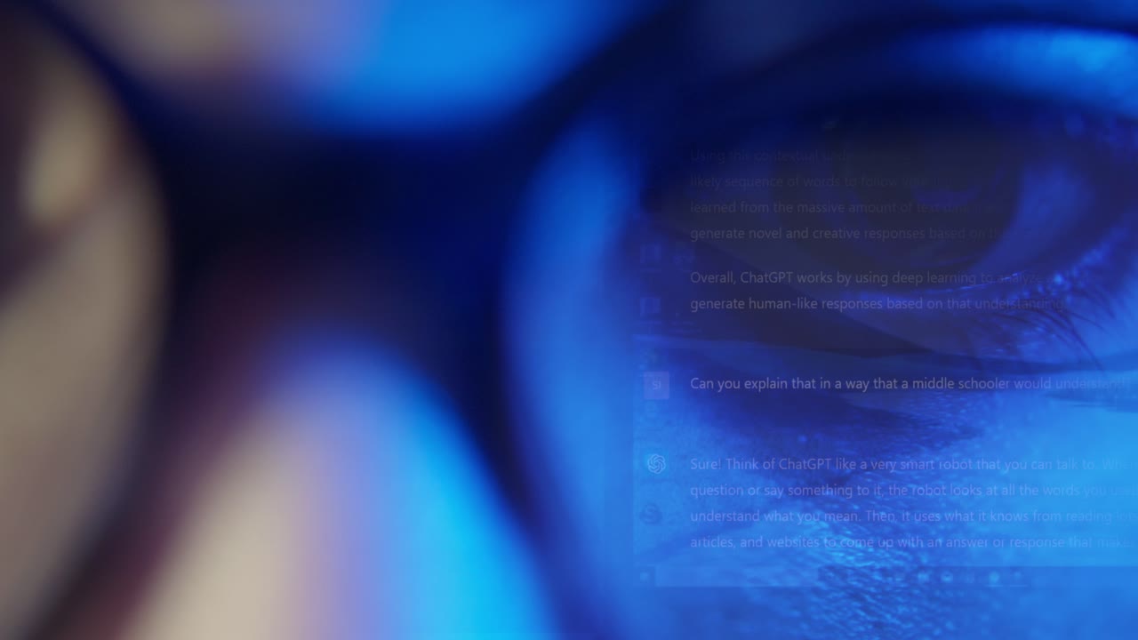 Primo piano di un occhio con riflesso dello schermo digitale di un chatbot AI.